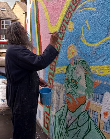 Brian Barnes, painting Van Gogh's sky at Stockwell Memorial Mural, May 2013